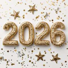 Fototapeta na wymiar 2026 w złotych cyfrach na białym tle z konfetti – elegancka noworoczna dekoracja