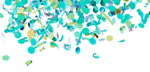 Falling teal and gold confetti on white background. Perfect for party invitations, celebrations, and festive designs.