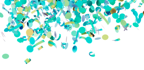 Falling teal and gold confetti on white background. Perfect for party invitations, celebrations, and festive designs.