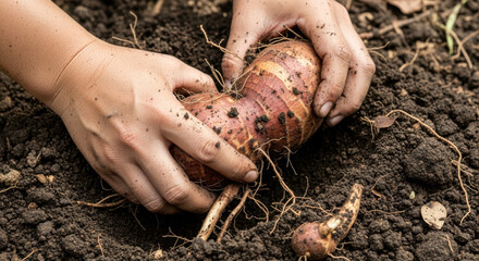 Hands picking yam from soil in garden with dirt and roots visible. Harvesting fresh yam is rewarding experience, showcasing connection with nature and cultivation.