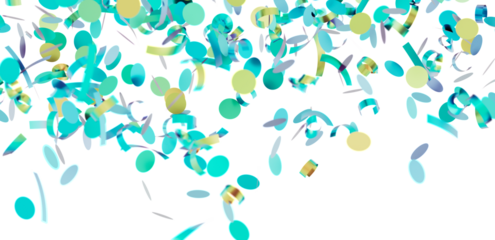 Image of teal and gold confetti falling on white background. Perfect for party invitations or celebratory designs.