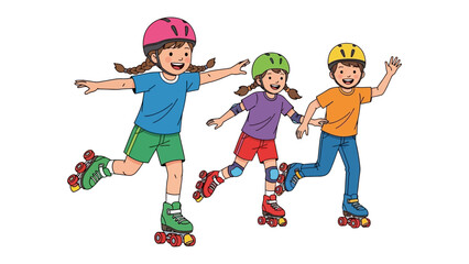 Joyful Roller Skating: Three young children, equipped with roller skates and helmets, glide gracefully across a sunlit surface.