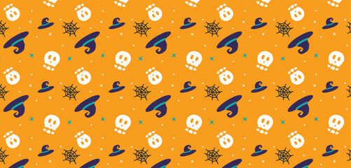 Halloween Pattern with Skulls and Witch Hats