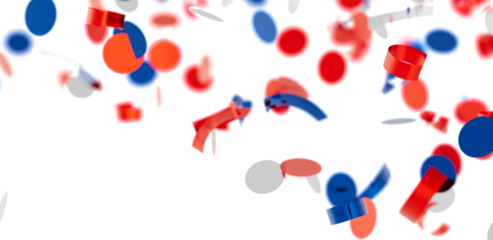 Falling confetti. Red, white, and blue circles and ribbons. Perfect for celebratory backgrounds.