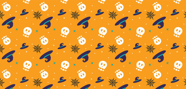 Halloween Pattern with Skulls and Witch Hats