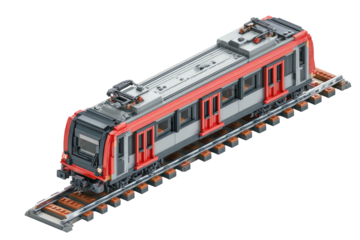 Isometric view of a red and gray train on tracks