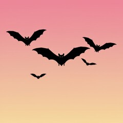 Fototapeta premium Bats flying against a pink-orange gradient sky at dusk 