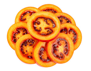 Tamarillo Slices Neatly Arranged in Circular Pattern, Top-Down Angle, isolated on transparent background