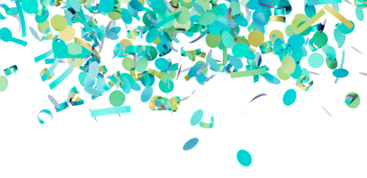 Bright teal and green confetti falling on white background. Perfect for party, celebration, and festive designs.