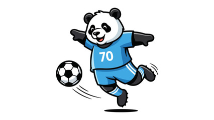 Panda Football Player Kicking Soccer Ball: A cheerful panda, dressed in a soccer uniform with the number 70, joyfully kicks a soccer ball. © azizunnahar