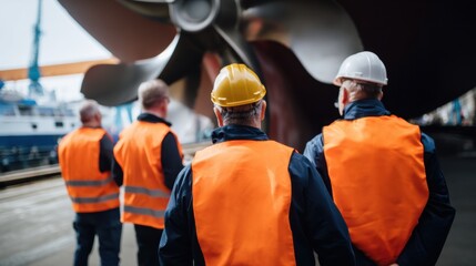 Inspectors in orange vests observe large ship propeller at dockyard, showcasing teamwork and focus on safety. scene reflects professionalism and attention to detail in maritime operations