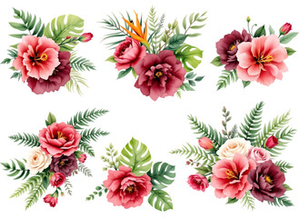 A set of six red and pink watercolor floral arrangements, isolated on transparent background