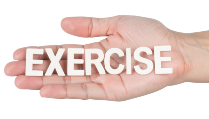 A hand holds the word "EXERCISE" formed by white letters, emphasizing a focus on fitness and health.