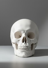 Obraz premium Realistic white human skull on surface with neutral background 