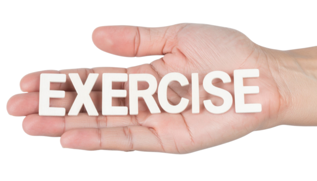 A hand holds the word "EXERCISE" formed by white letters, emphasizing a focus on fitness and health.