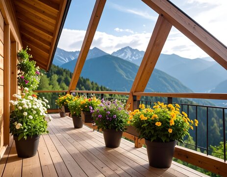 Mountain chalet balcony with flowers