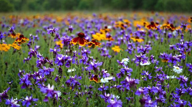 Vibrant wildflower field with purple and yellow blooms. Eye-level angle captures the colorful expanse, ideal for a nature-themed video backdrop. Live desktop wallpaper.