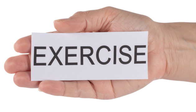 A hand holds a card displaying the word "EXERCISE" in bold, capital letters.