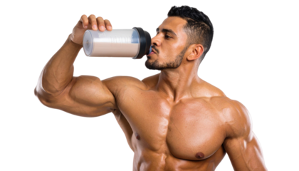 A muscular man drinks from a shaker bottle, showcasing his physique and dedication to fitness.
