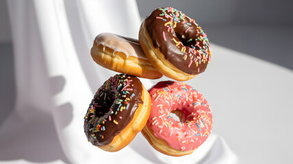 Four colorful iced donuts with sprinkles arranged in a playful composition against a white draped...