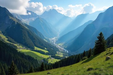 Fototapeta premium A breathtaking vista of a serene valley nestled deep within a majestic mountain range, sunlight illuminating the peaks and casting shadows in the valley below , river, green, hill