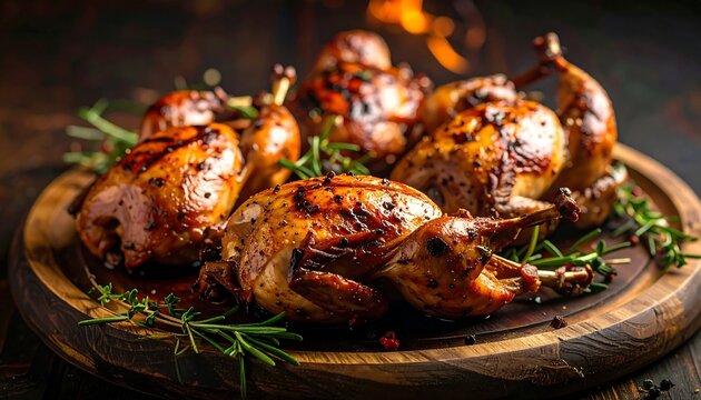 Roasted quail on a wooden board