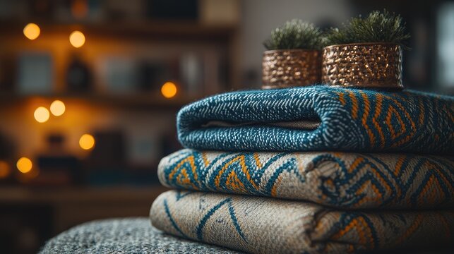Cozy blankets stacked, warm interior, fairy lights, home decor