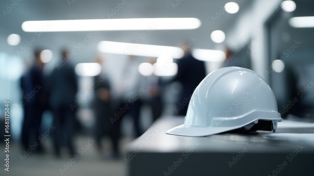 Poster low angle view of white safety helmet resting on edge of table, with blurred background of professio