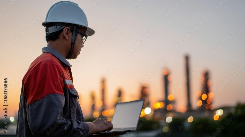 Poster worker in safety helmet uses laptop at dusk, with industrial structures in background illuminated by