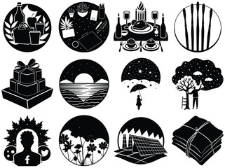 Vector art of collection of twelve unique black and white vector icons