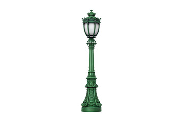 Fototapeta premium Ornate green street lamp with intricate design and glowing white glass, isolated on a transparent background