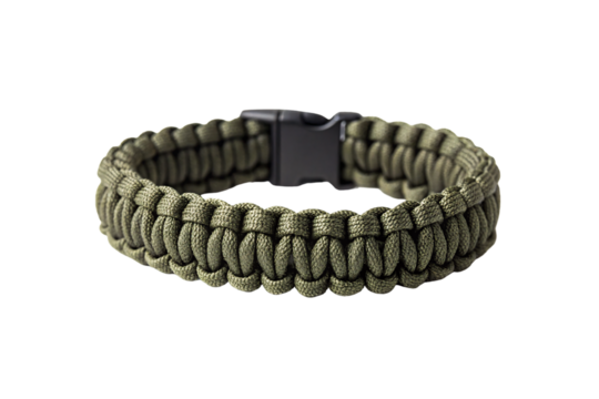 Olive green paracord bracelet tightly braided with sturdy buckle, outdoor survival wrist accessory, isolated on a transparent background
