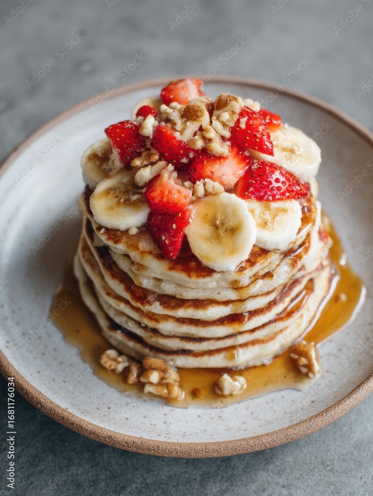 Poster stack of pancakes topped with strawberries bananas and walnuts drizzled with syrup close up studio s