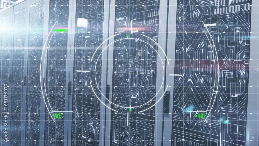 Aufkleber futuristic interface and abstract pattern with server room in background