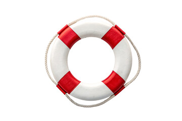 Nautical lifebuoy with red bands and coiled rope for rescue safety, isolated on a transparent background