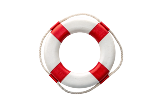 Nautical lifebuoy with red bands and coiled rope for rescue safety, isolated on a transparent background