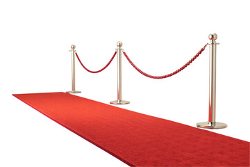 Bright red carpet paired with silver stanchions and velvet ropes, perfect for awards and galas, isolated on a transparent background