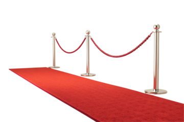 Bright red carpet paired with silver stanchions and velvet ropes, perfect for awards and galas, isolated on a transparent background