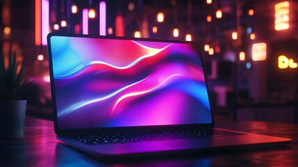 Creative hologram menu laptop mockup showcasing vibrant colors in a modern digital workspace