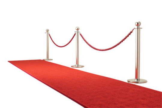Bright red carpet paired with silver stanchions and velvet ropes, perfect for awards and galas, isolated on a transparent background