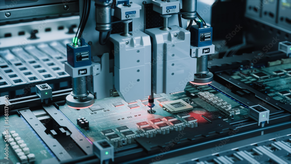 Poster robotic arms precisely place microchips on circuit boards, showcasing advanced automation and accura