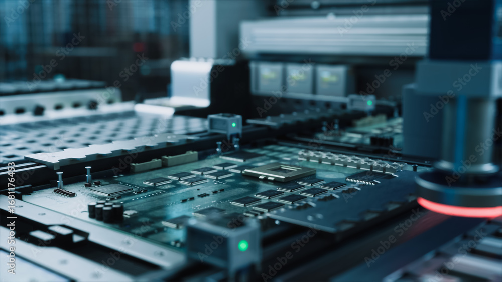 Poster high tech automation integrates microchips onto circuit boards, revolutionizing semiconductor produc