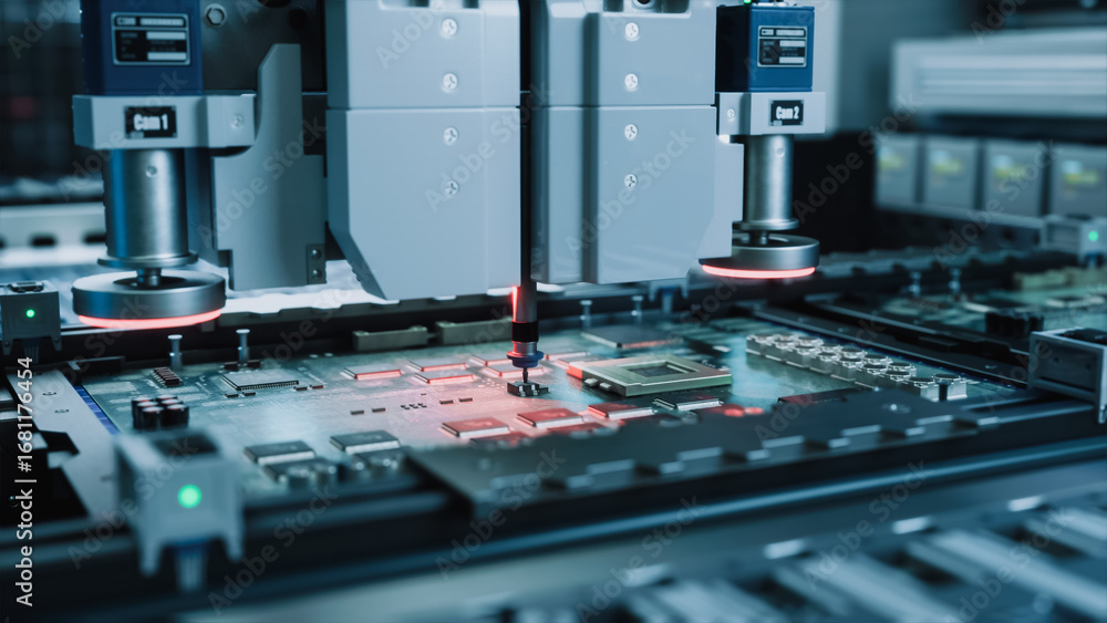 Poster automated machinery expertly positions microchips on circuit boards, high tech technology in electro
