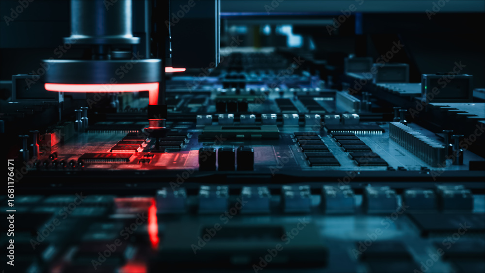 Poster advanced robotic machinery precisely assembles microchips on a circuit board, showcasing cutting-edg