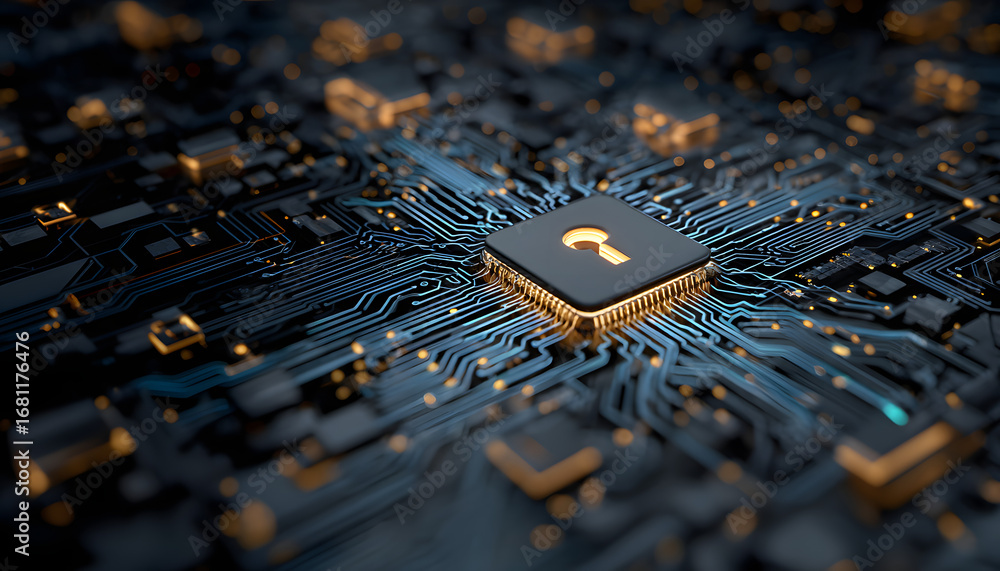 Aufkleber secure tech system safeguards data. futuristic circut board graphic shows secue system. ai protects 