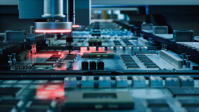 Automated Machinery Expertly Assembles Microchips on a Circuit Board,  Technology and Precision in Electronic Manufacturing. Innovation and Efficiency in Modern Industrial Processes.