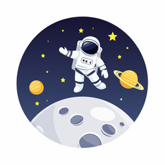 An astronaut floating in space near the moon, with planets and stars in the background, illustrating space exploration and discovery