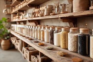 Rustic Wooden Shelves Filled with Variety of Grains in Glass Jars.