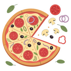 Delicious hot pepperoni pizza vector illustration with cheese, salami, and tomato