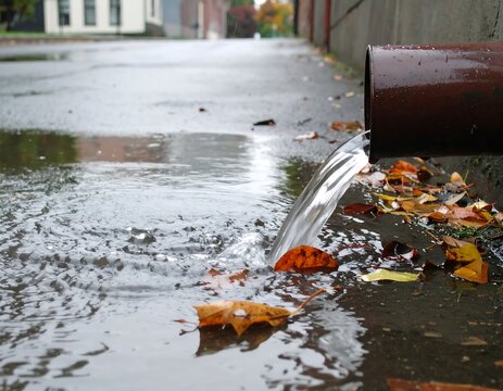 Rainwater flows from a drainpipe into a puddle on a city street